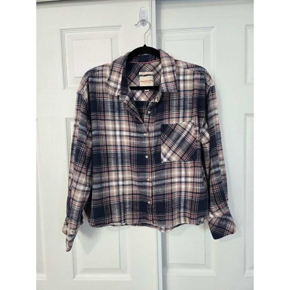 Scotch & Soda Amsterdam Women L Plaid Flannel Button Down Shirt Navy Rose Crop